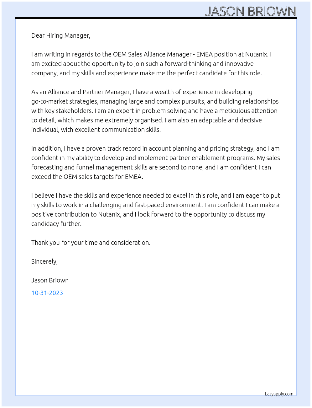 OEM Sales Alliance Manager - EMEA At Nutanix Cover Letter