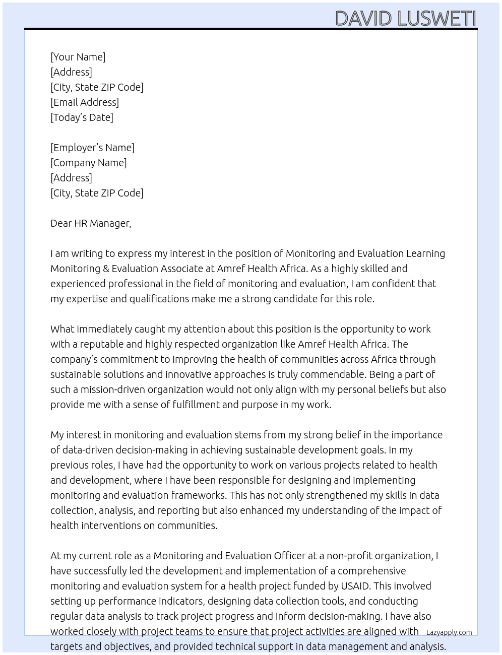 Monitoring and Evaluation Learning Monitoring & Evaluation Associate At Amref Health Africa Cover Letter