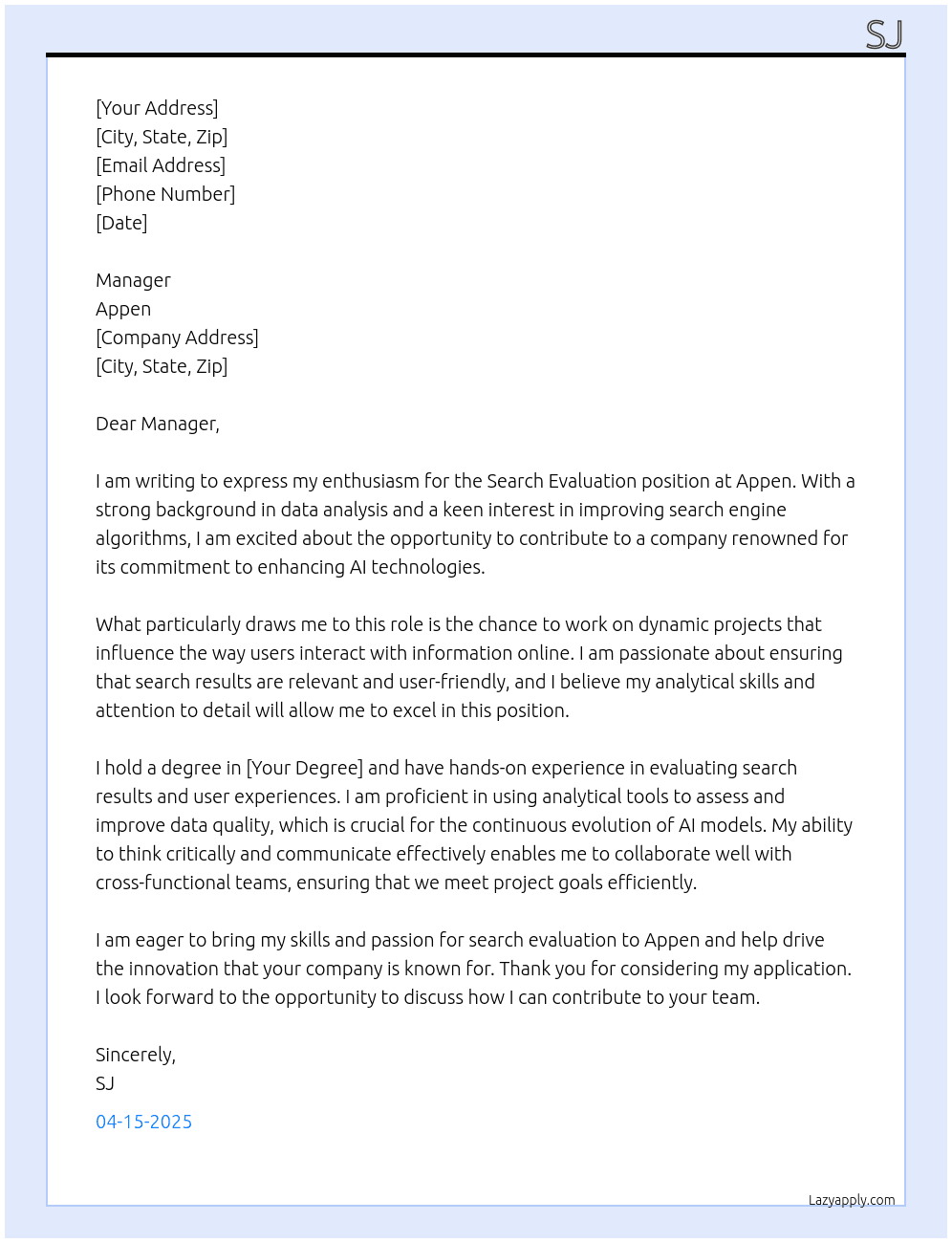 Cover letter for search evaluation - LazyApply