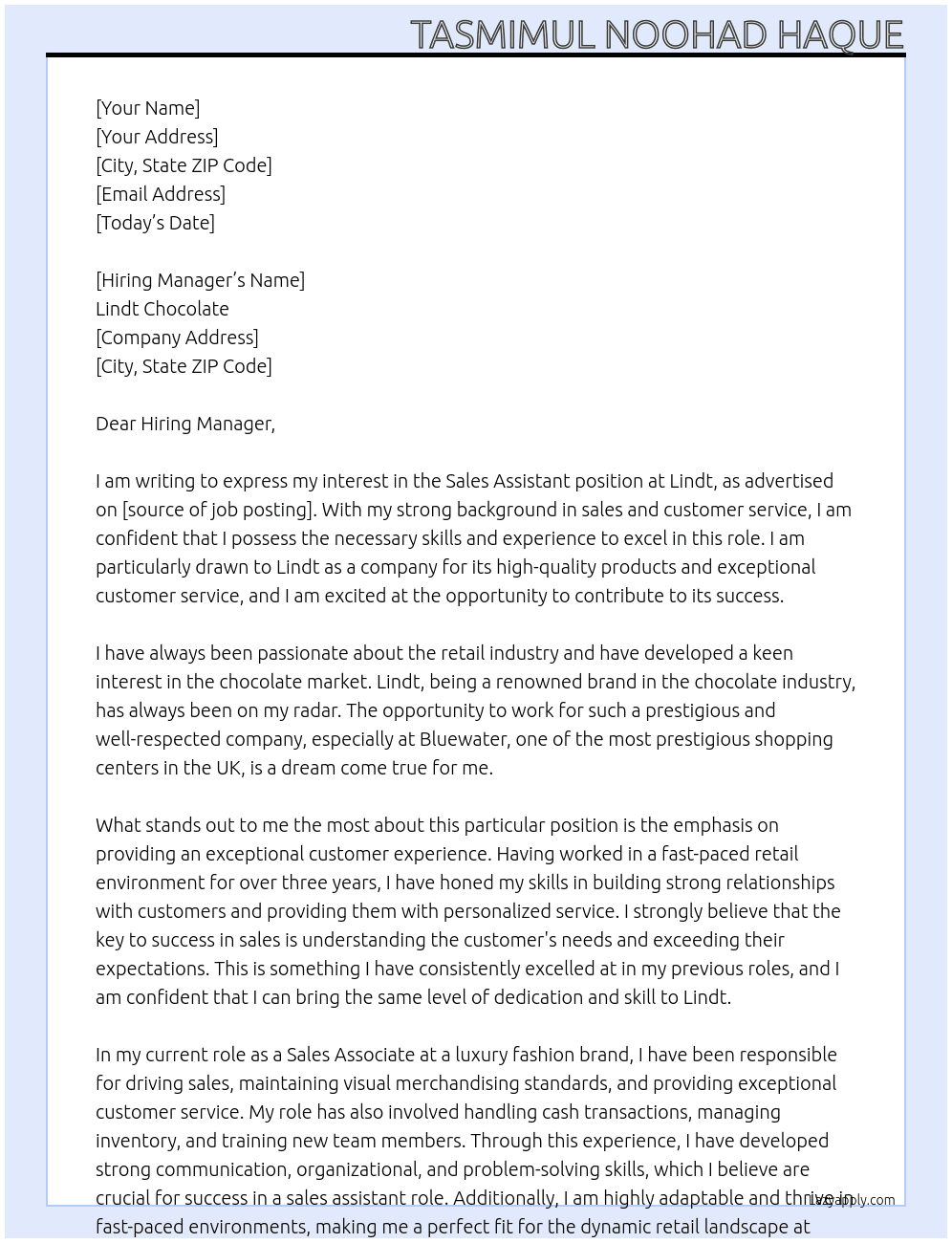 Sales assistant At Lindt Cover Letter