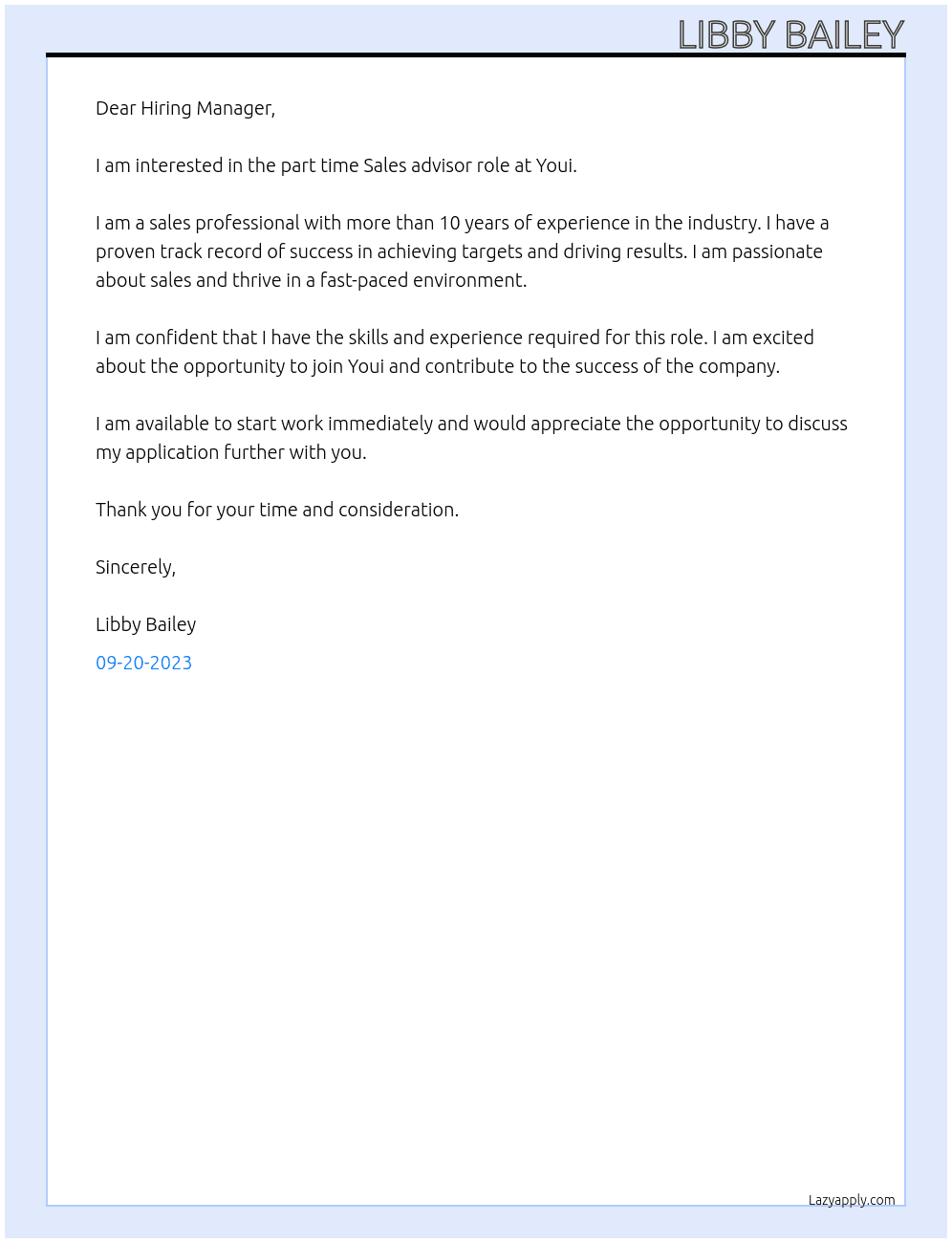 Sales advisor  At Youi Cover Letter