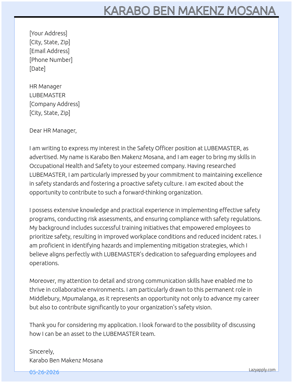 Cover letter for safety officer - LazyApply
