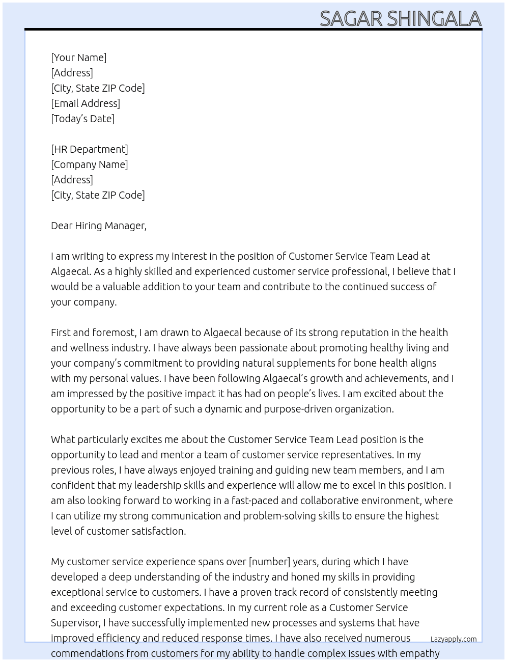 Customer Service Team Lead  At Algaecal Cover Letter