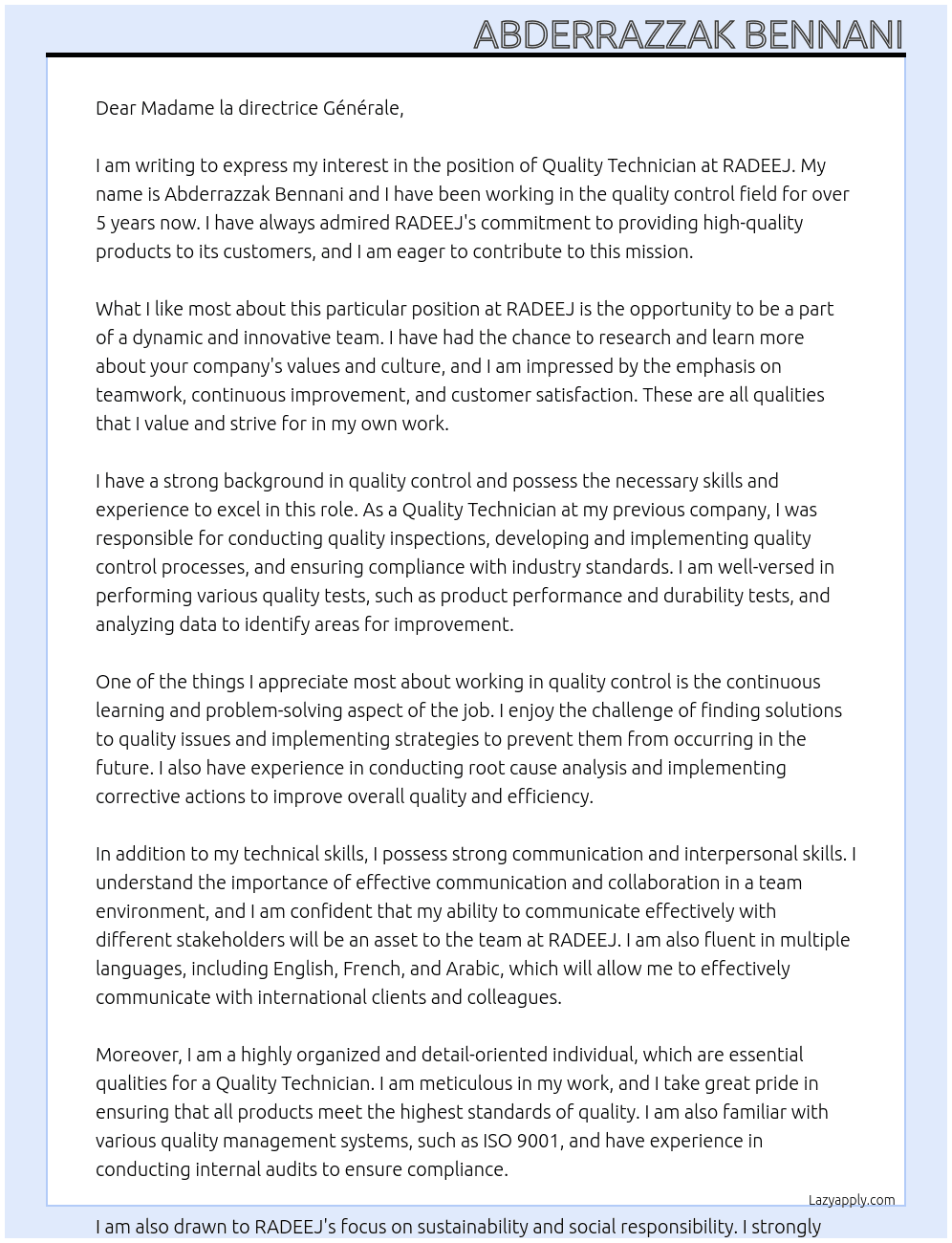 quality technician   At RADEEJ Cover Letter