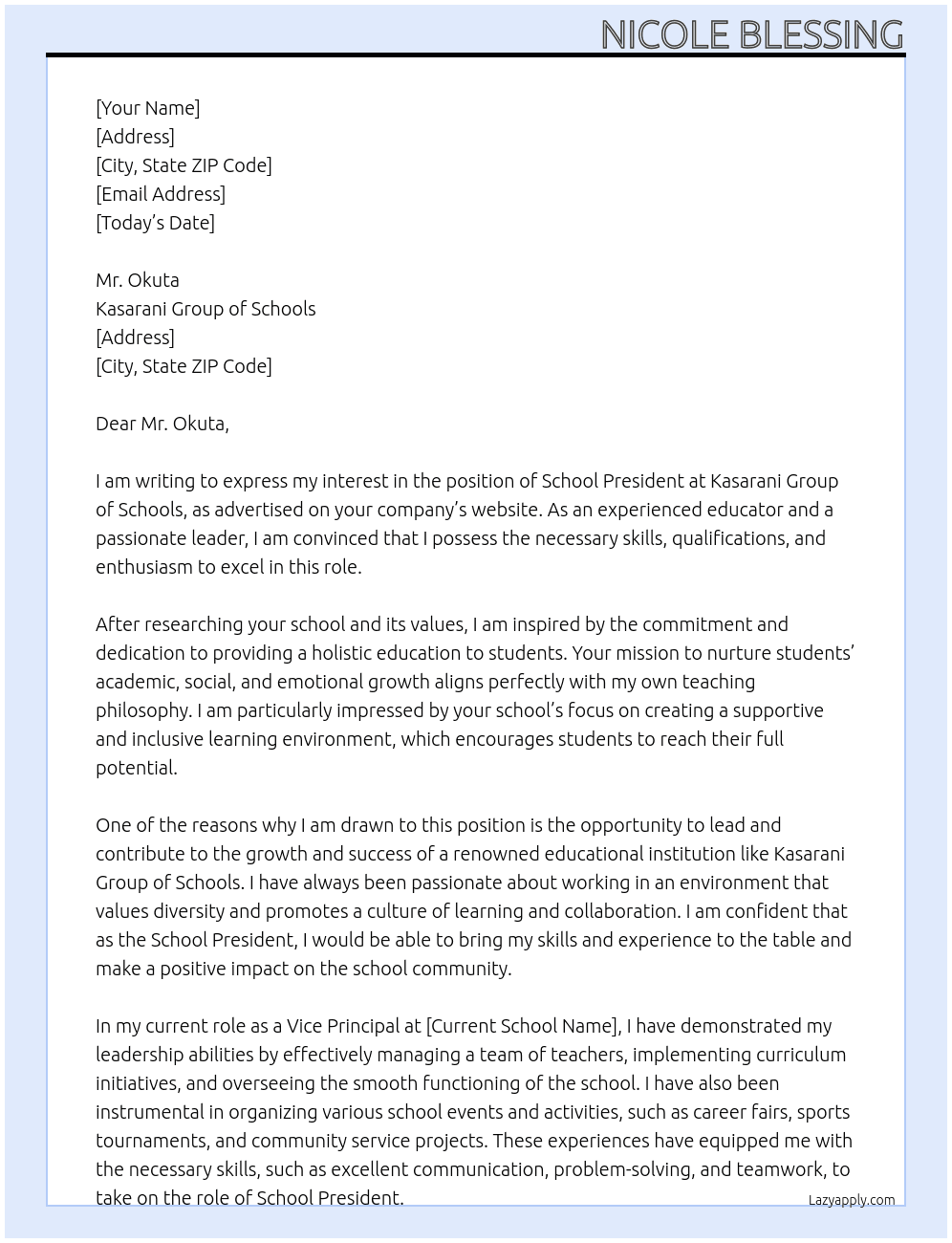 School President Application At Kasarani Group of Schools Cover Letter