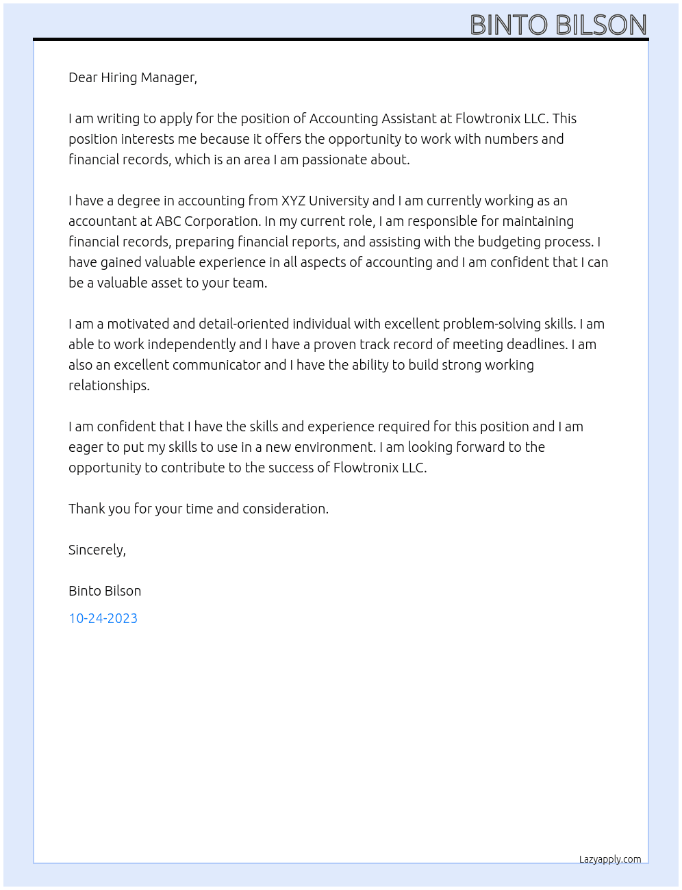 Accounting Assistant At Flowtronix LLC Cover Letter