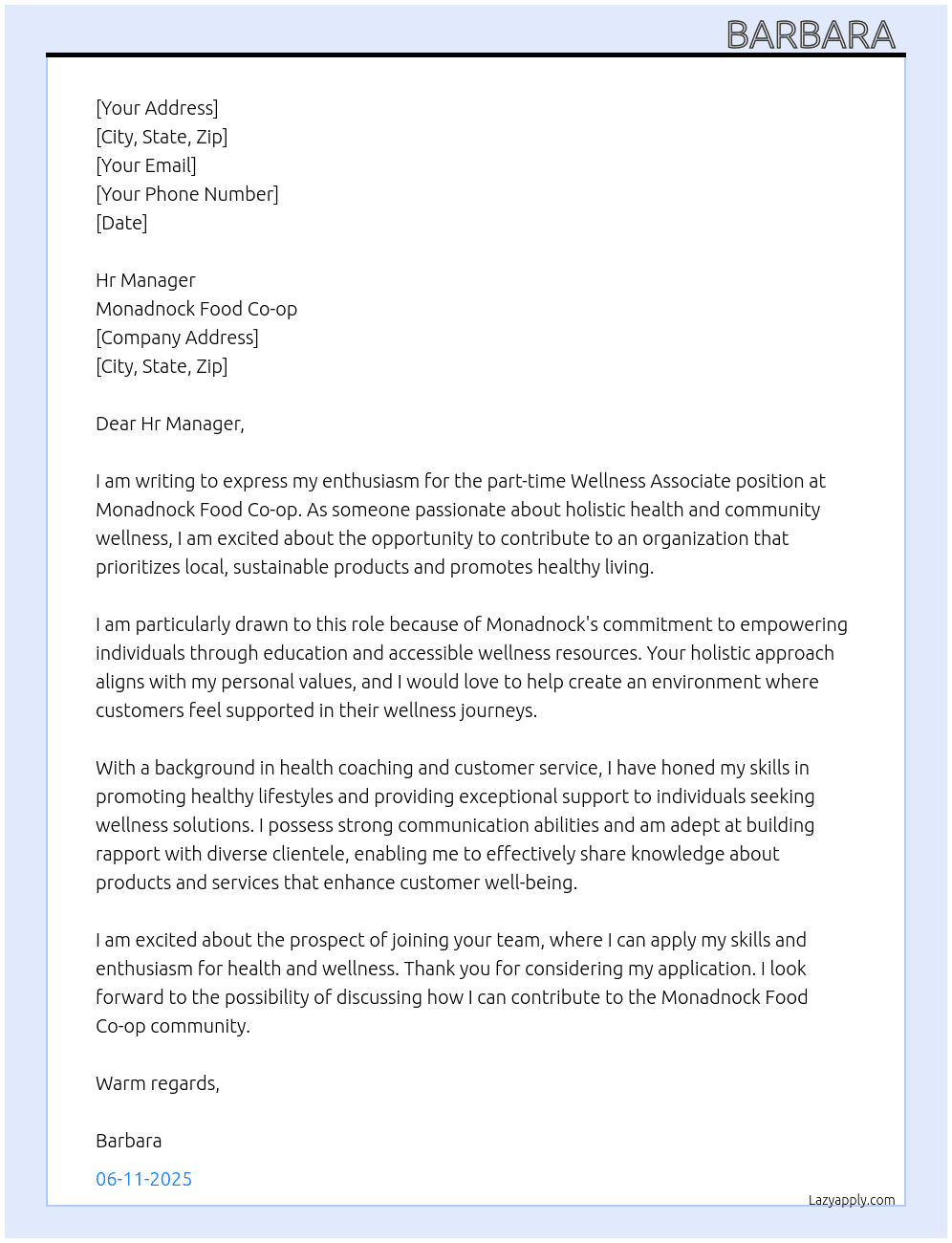 wellness associate part-time At Monadnock Food Co-op Cover Letter