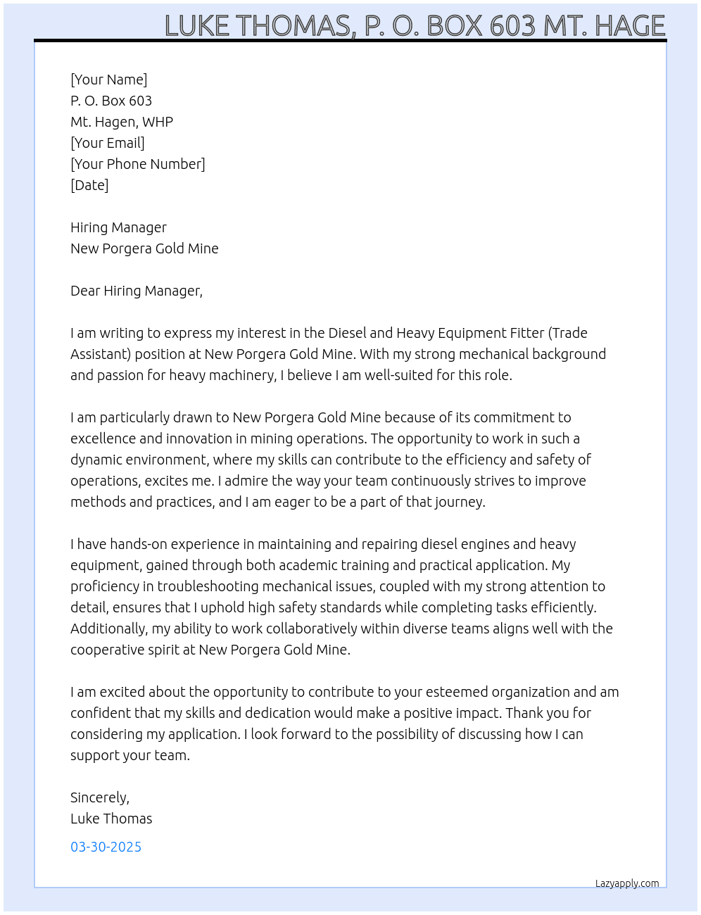 Diesel and Heavy Equipment Fitter (Trade Assistant) At New Porgera Gold Mine Cover Letter