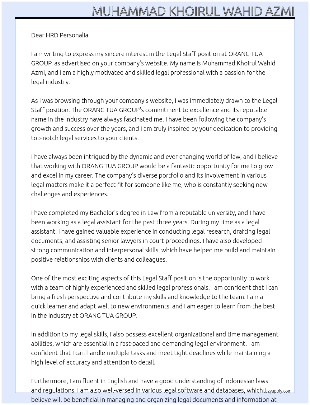 Legal Staff At ORANG TUA GROUP Cover Letter