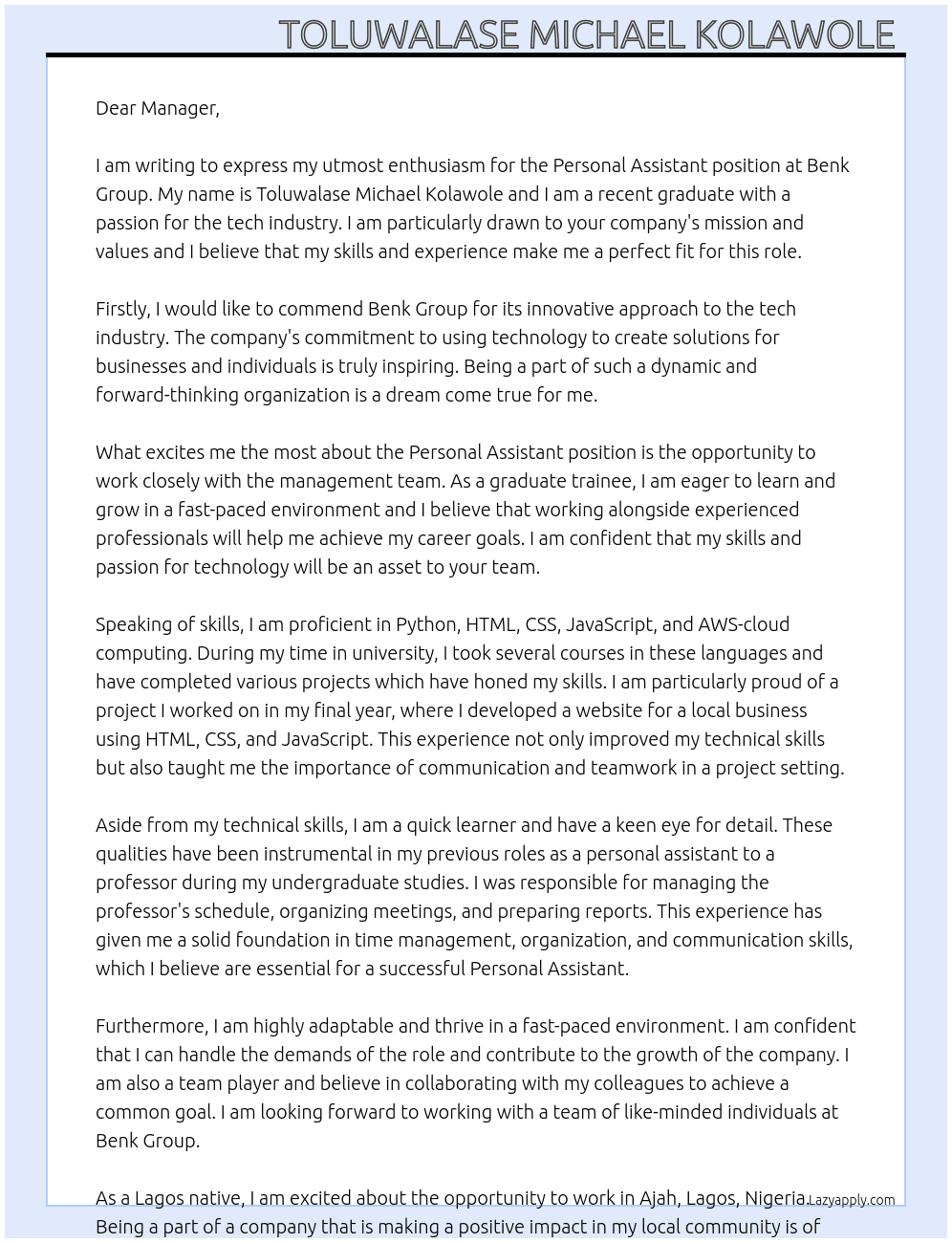 Personal Assistant  At Benk group Cover Letter