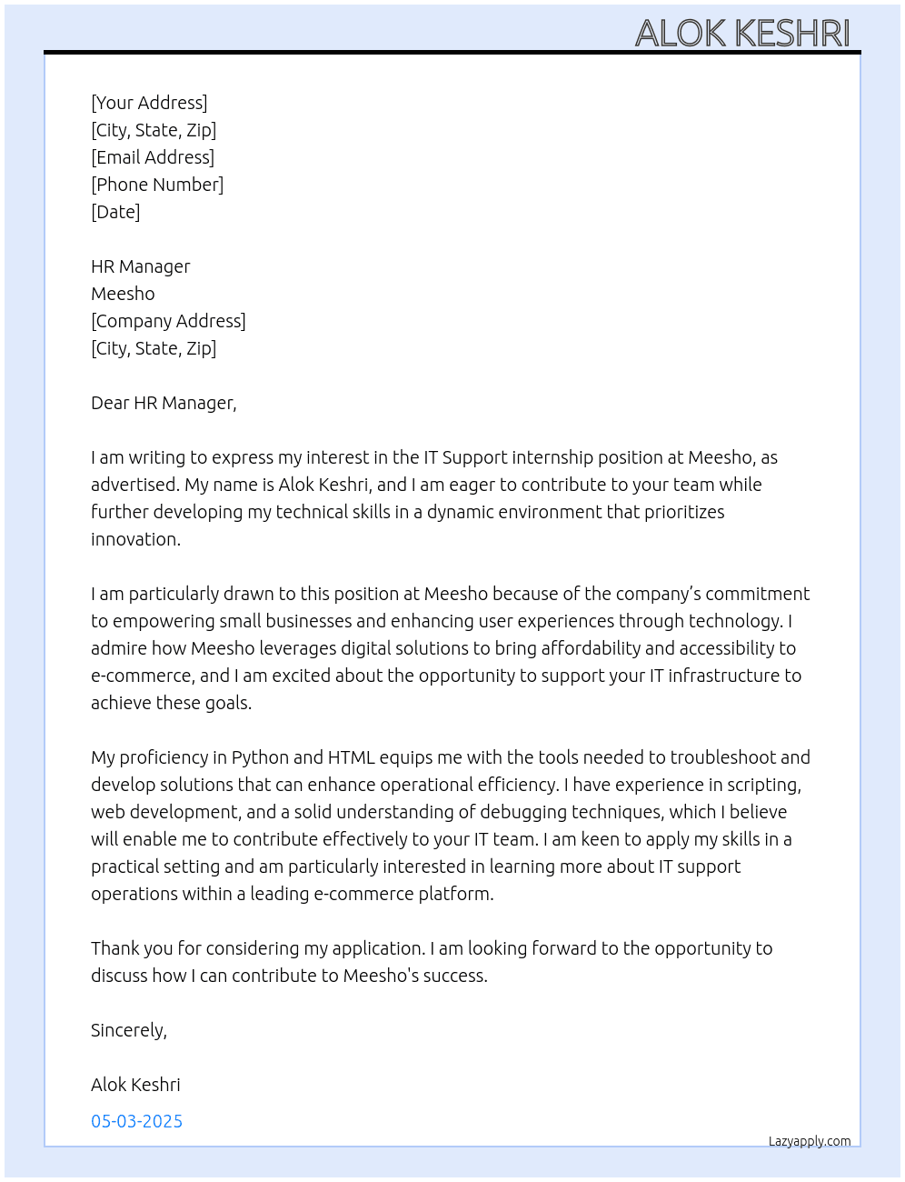 IT support At Meesho Cover Letter