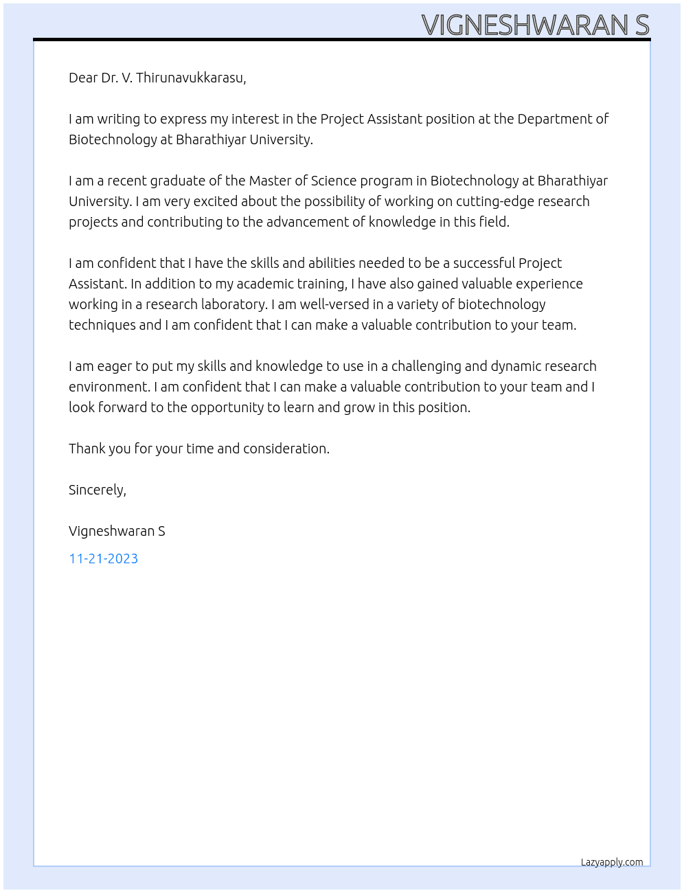 Project assistant  At Department of biotechnology, BHARATHIYAR UNIVERSITY  Cover Letter