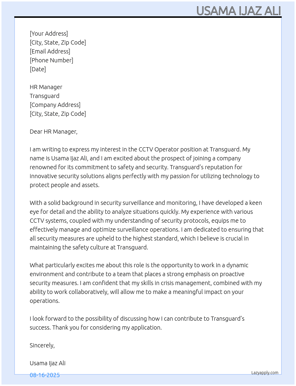 CCTV operator  At Transguard  Cover Letter