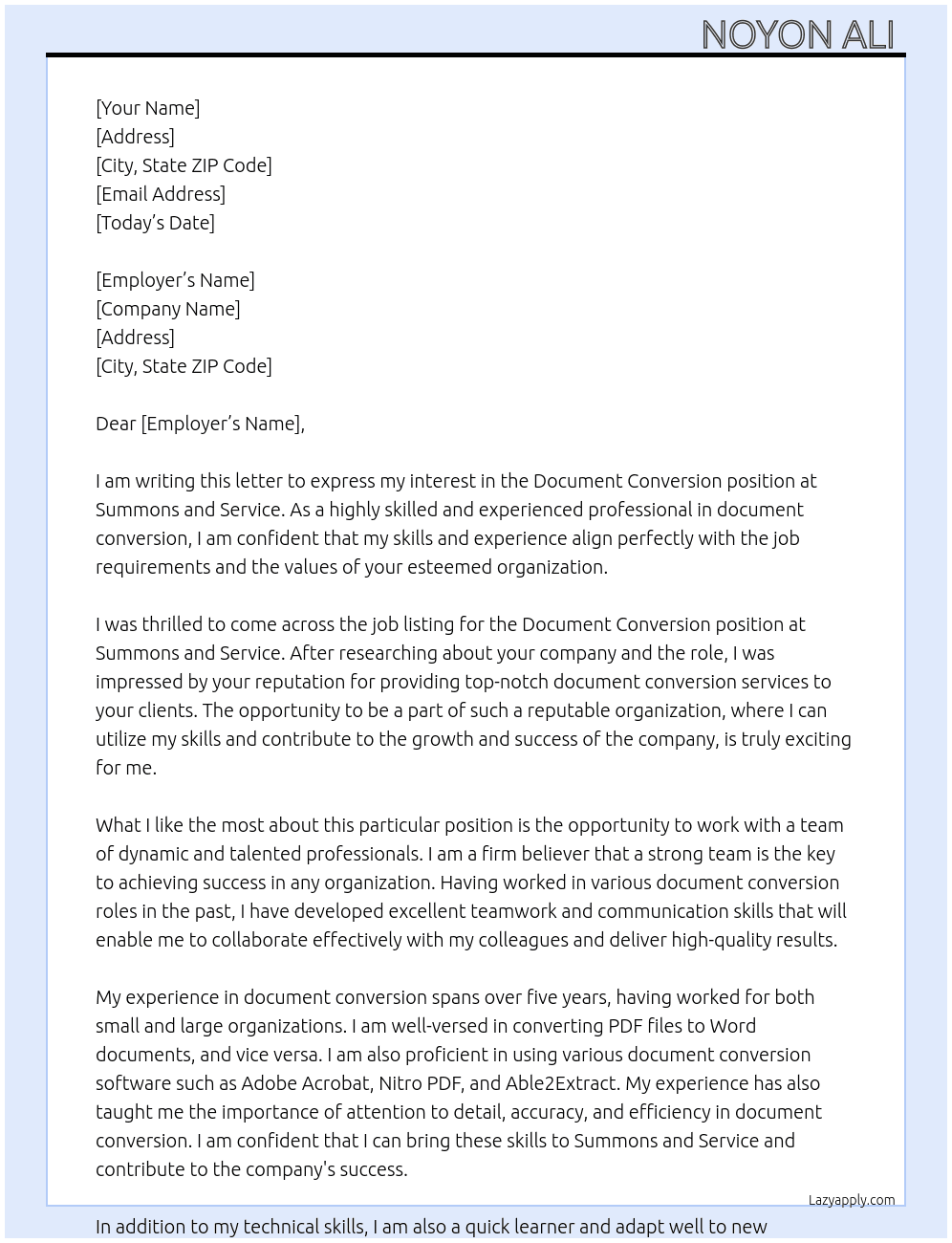 Document Conversion At Summons and Service Cover Letter