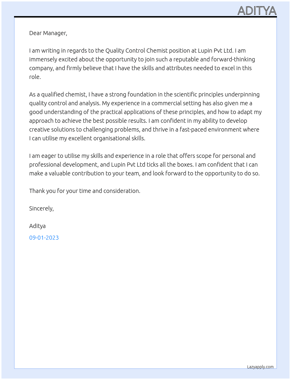 Quality control Chemist At Lupin Pvt Ltd  Cover Letter
