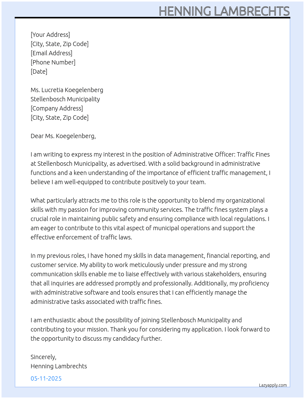 ADMINISTRATVE OFFICER: TRAFFIC FINES At Stellenbosch Municipality Cover Letter