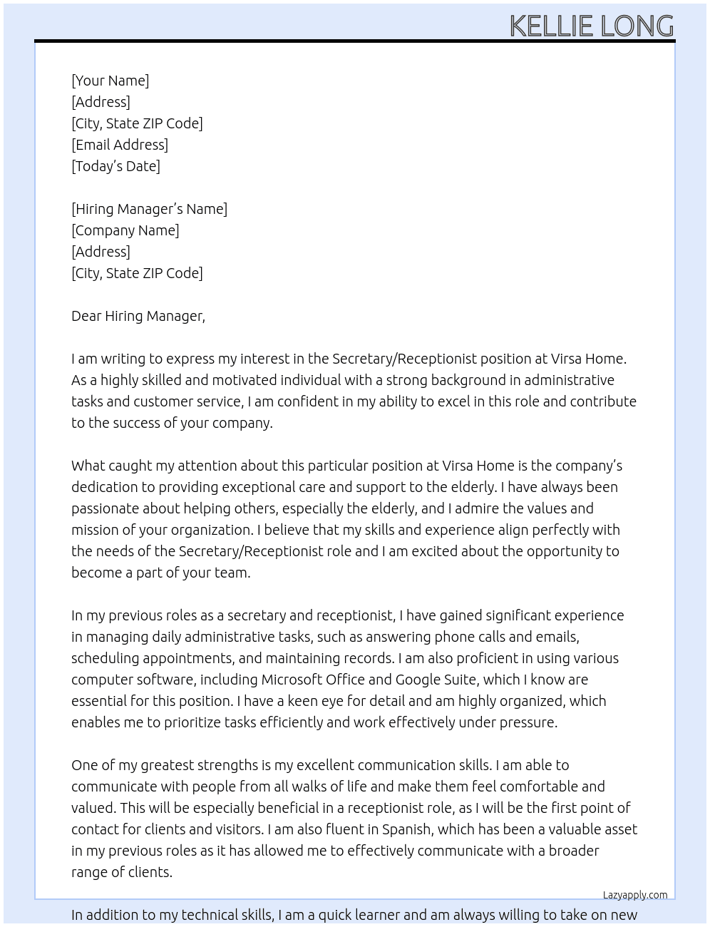 Secretary/Receptionist  At  Virsa Home Cover Letter