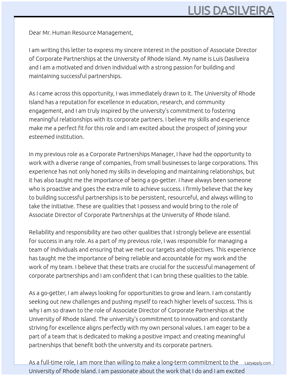 Associate director corporate partnership At University of Rhode Island Cover Letter