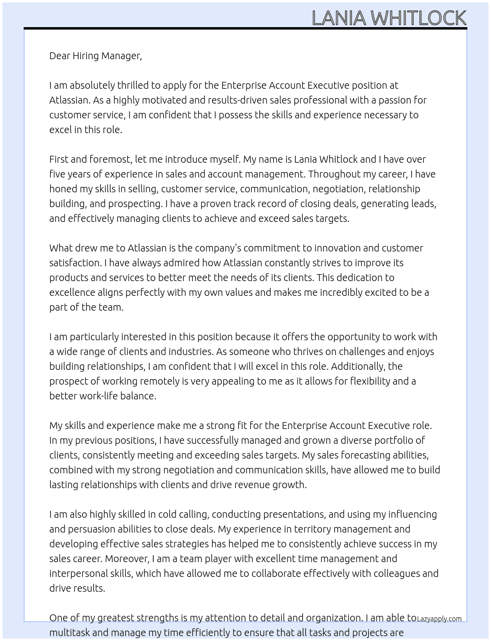 Enterprise Account Executive At Atlassian Cover Letter