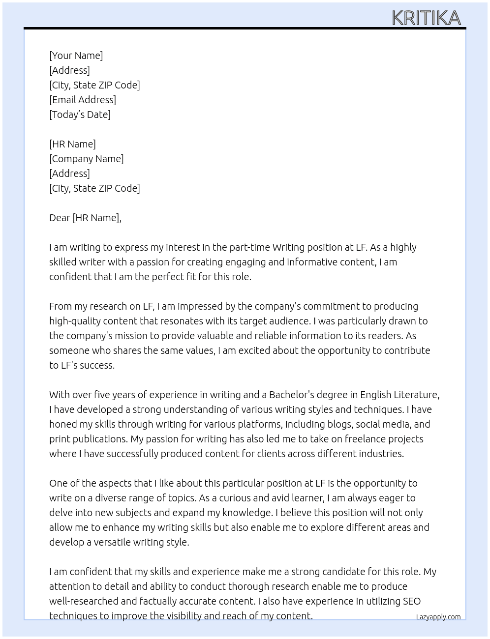 Writting  At LF Cover Letter
