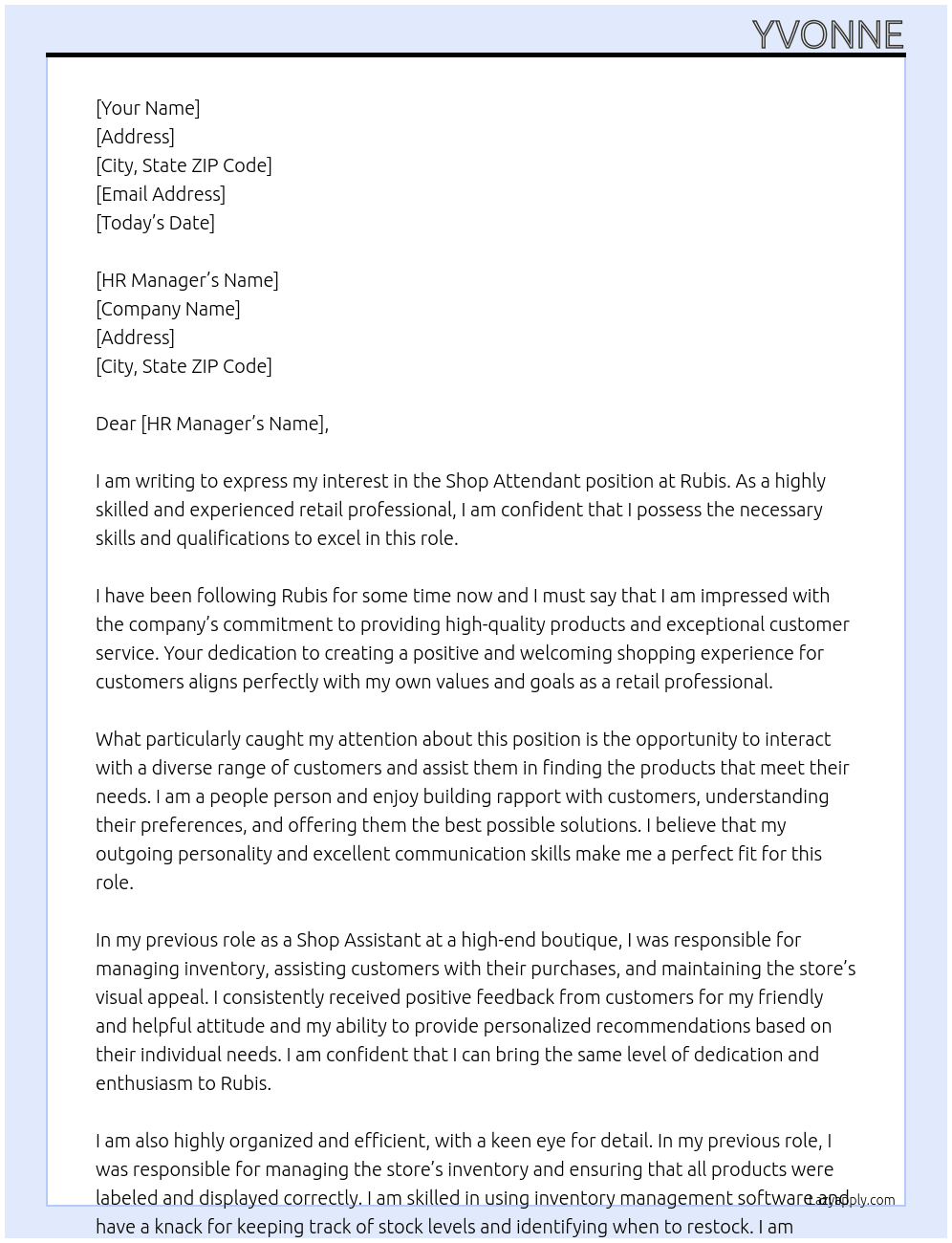 shop attendant At rubis Cover Letter