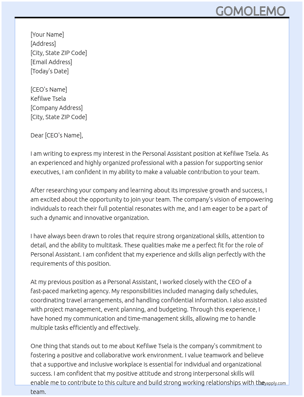 Personal Assistant  At Kefilwe Tsela Cover Letter