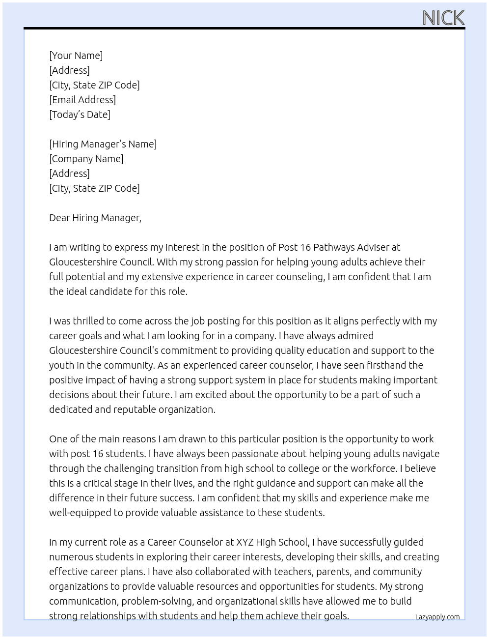 Post 16 Pathways Adviser At Gloucestershire Council Cover Letter