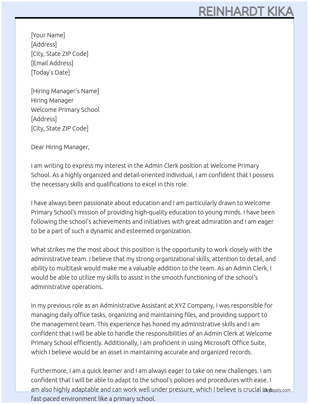 Admin Clerk At Welcome Primary School Cover Letter