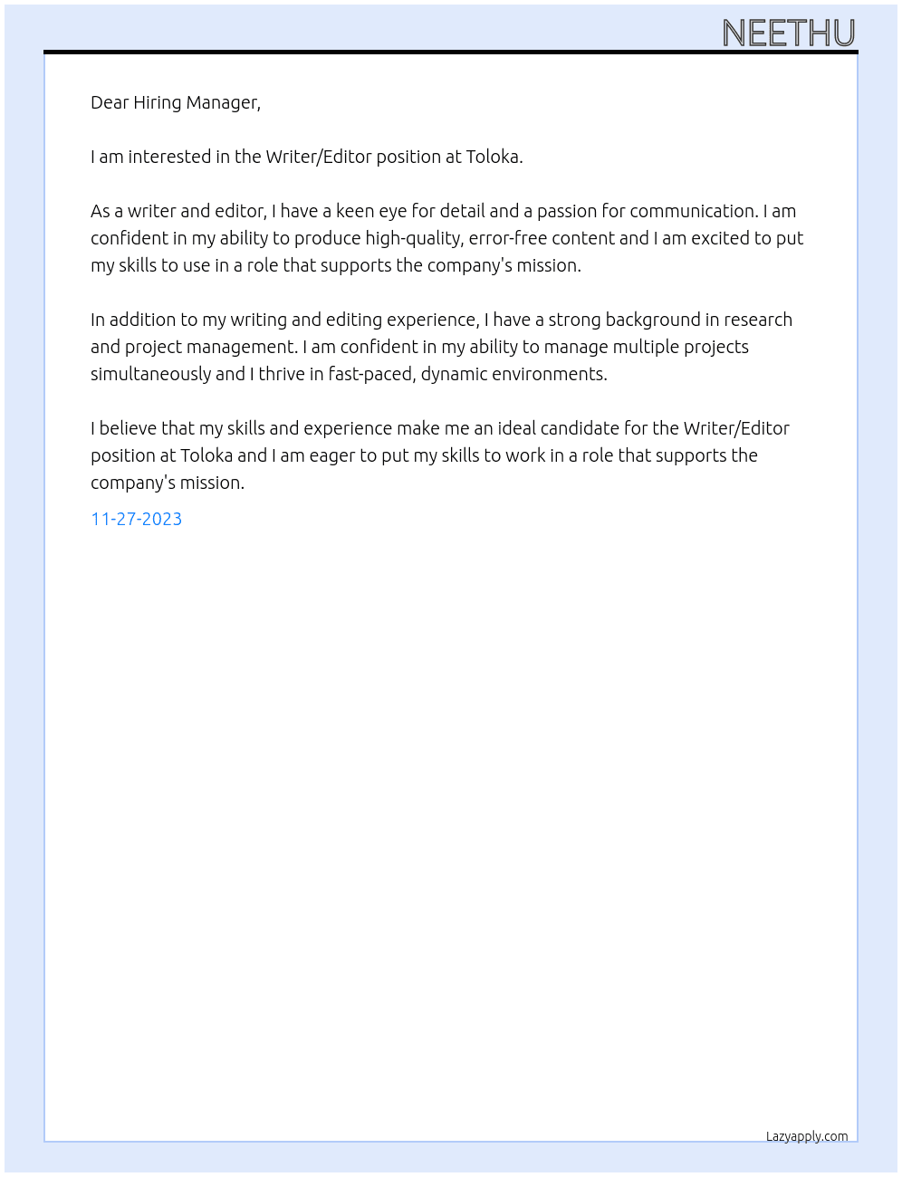 Writer/Editor At Toloka Cover Letter