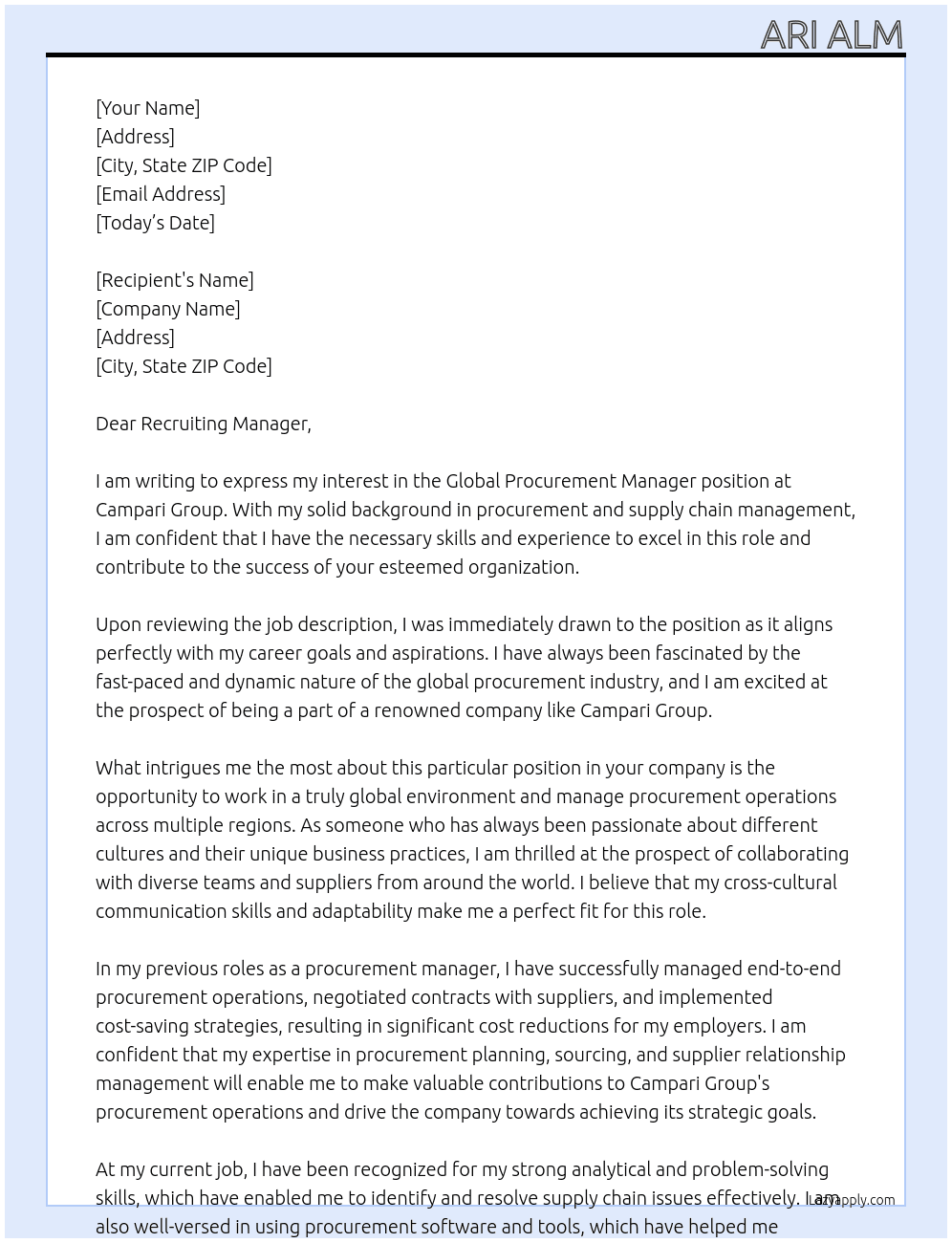 Global Procurement Manager At Campari Group Cover Letter