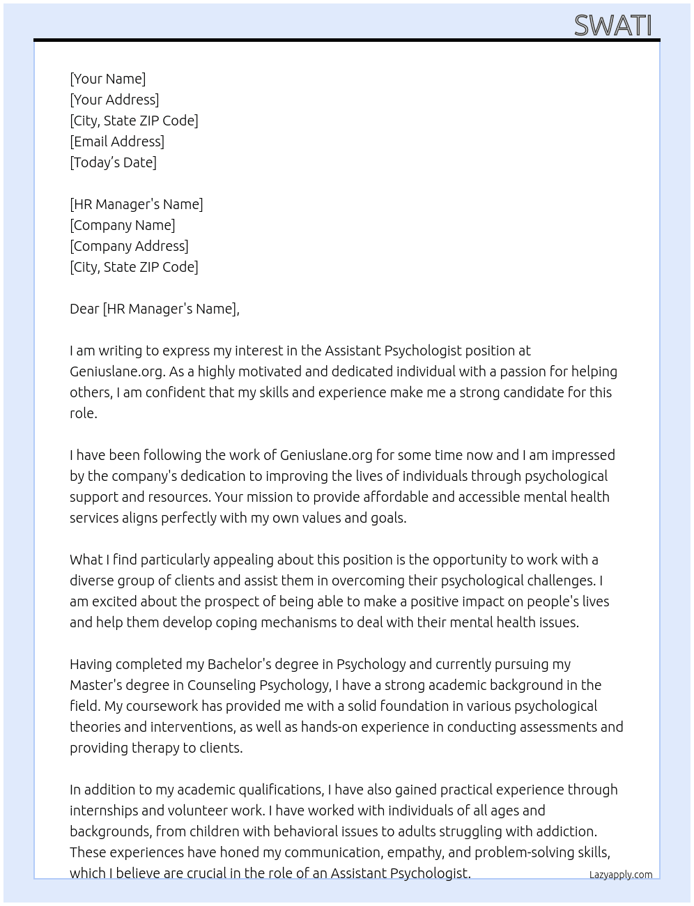 Assistant psychologist  At Geniuslane.org Cover Letter