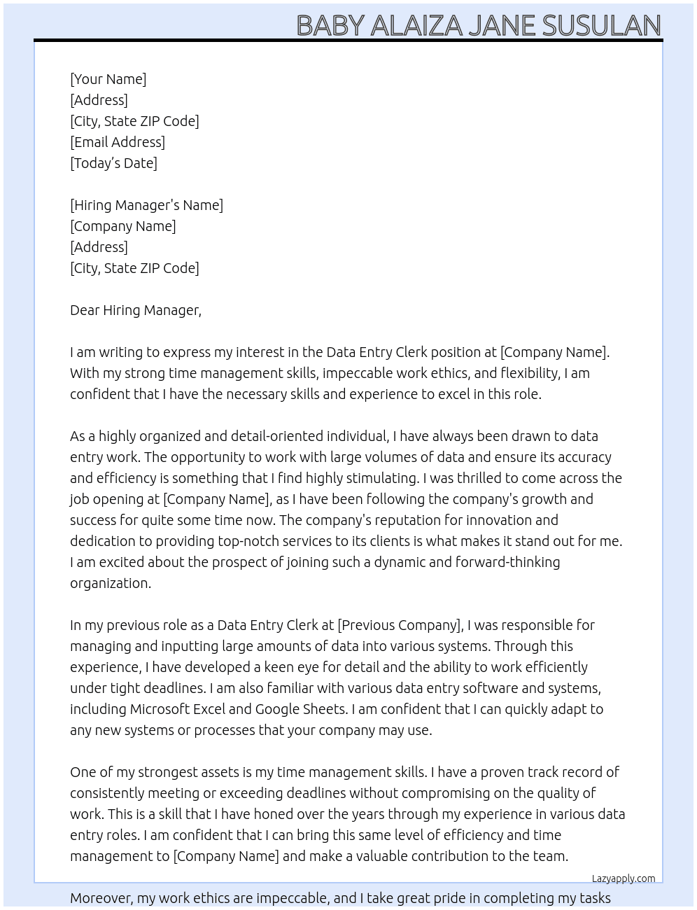 Data entry clerk At Any company Cover Letter