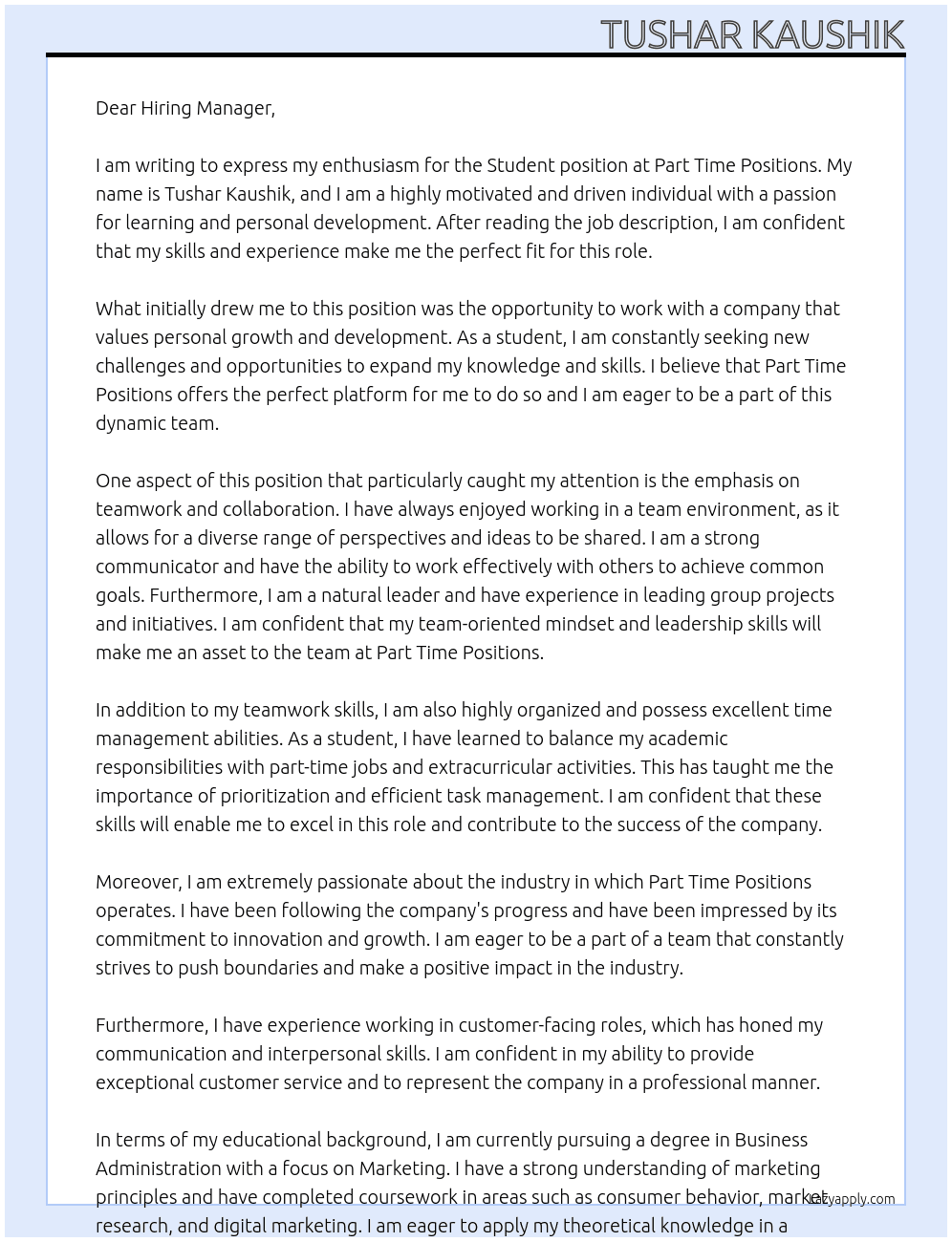 Student At Part time positions Cover Letter