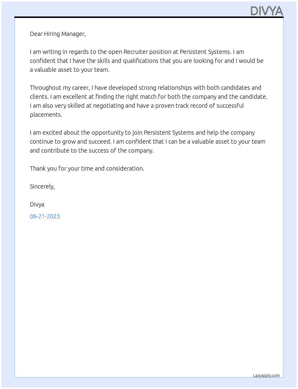 Recruiter  At Persistent Systems Cover Letter