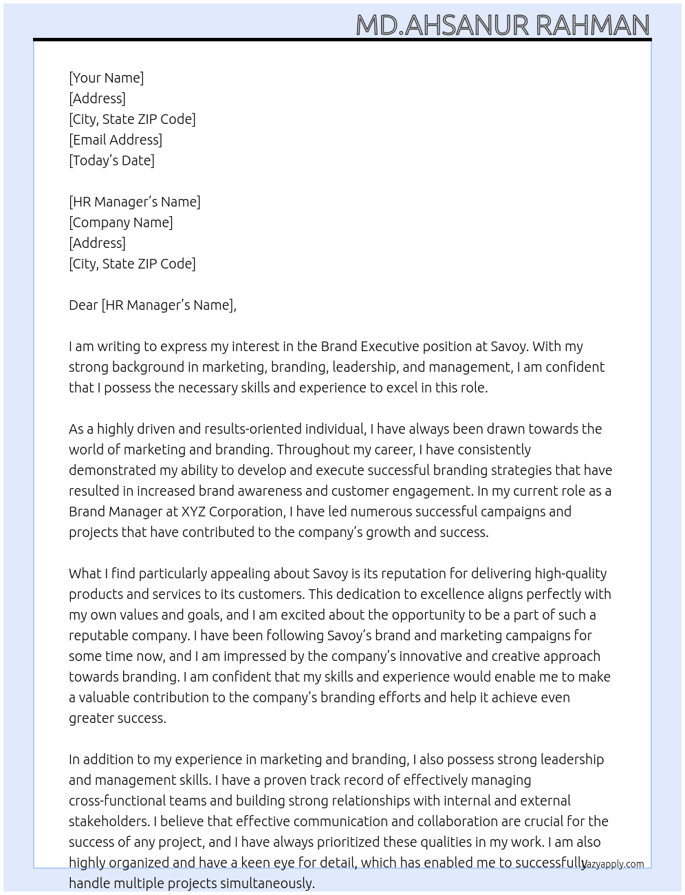 Brand Executive At Savoy  Cover Letter