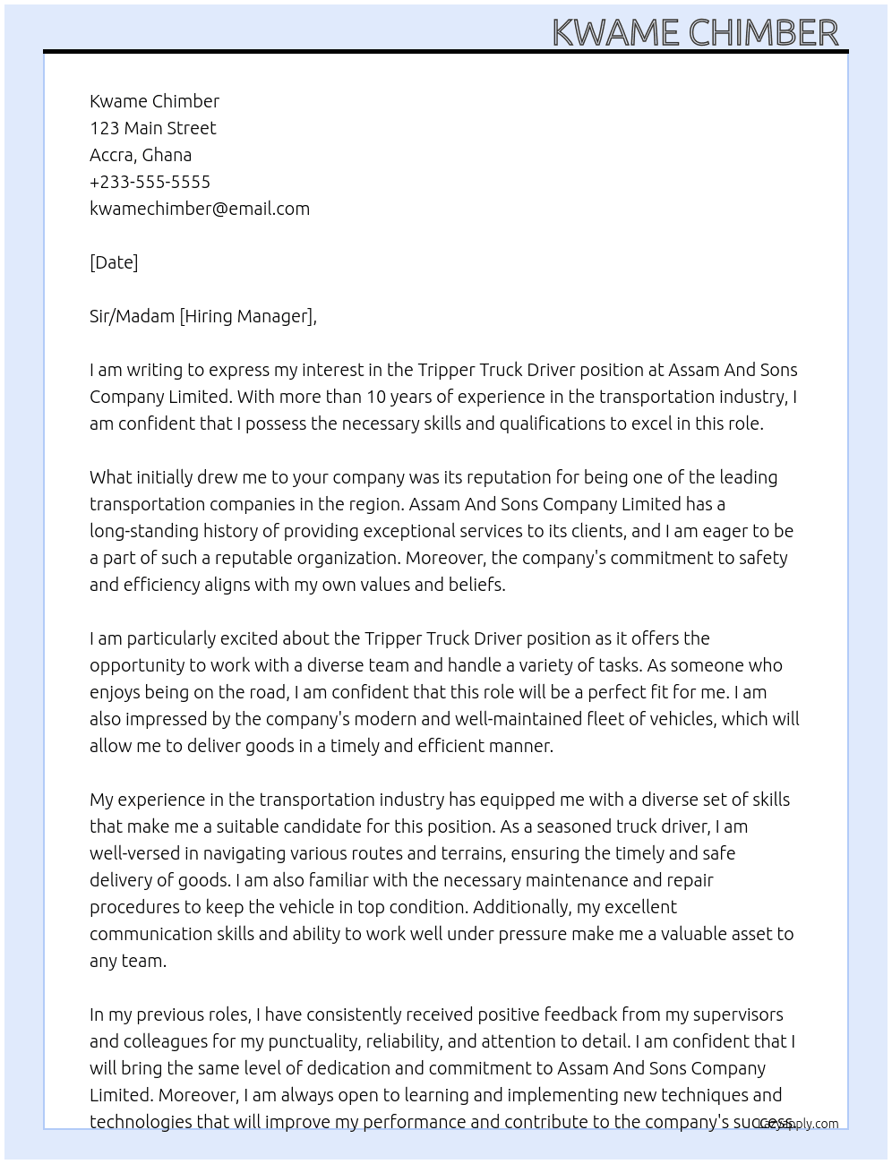 Tripper Truck Driver At Assam And Sons Company Limited Cover Letter