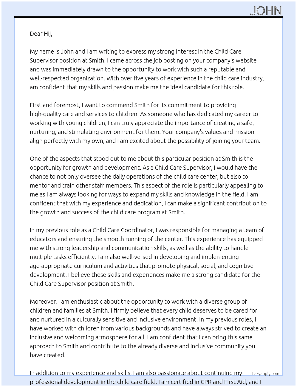 child care supervisor At smith Cover Letter
