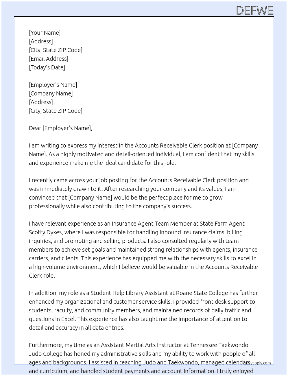 Accounts Receivable Clerk At dfewf Cover Letter