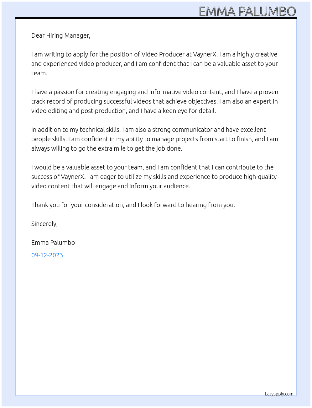 Video Producer At VaynerX Cover Letter