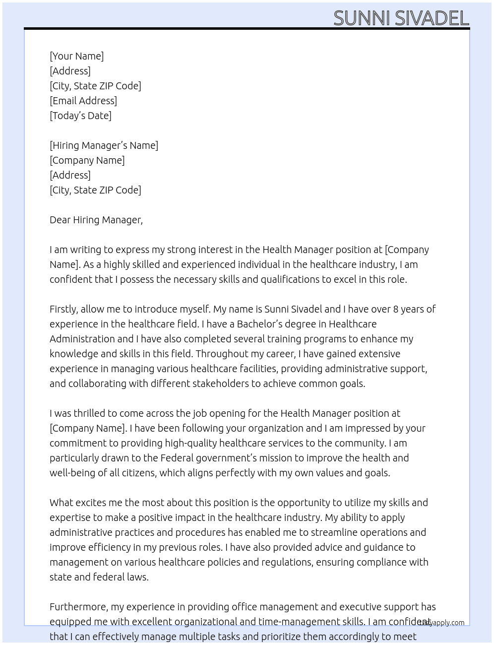 health manager At Federal government Cover Letter