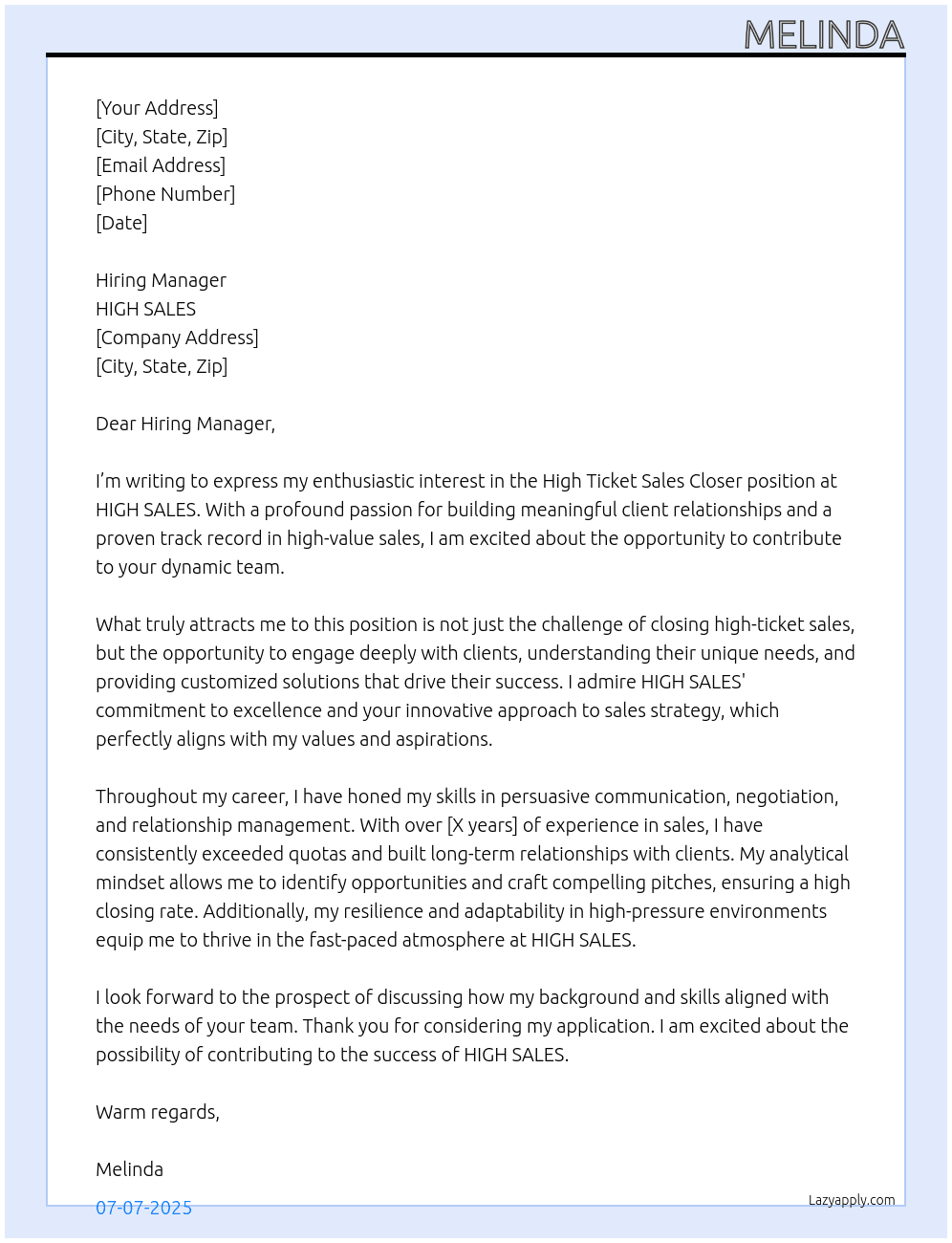 high ticket sales clloser At HIGH SALES Cover Letter