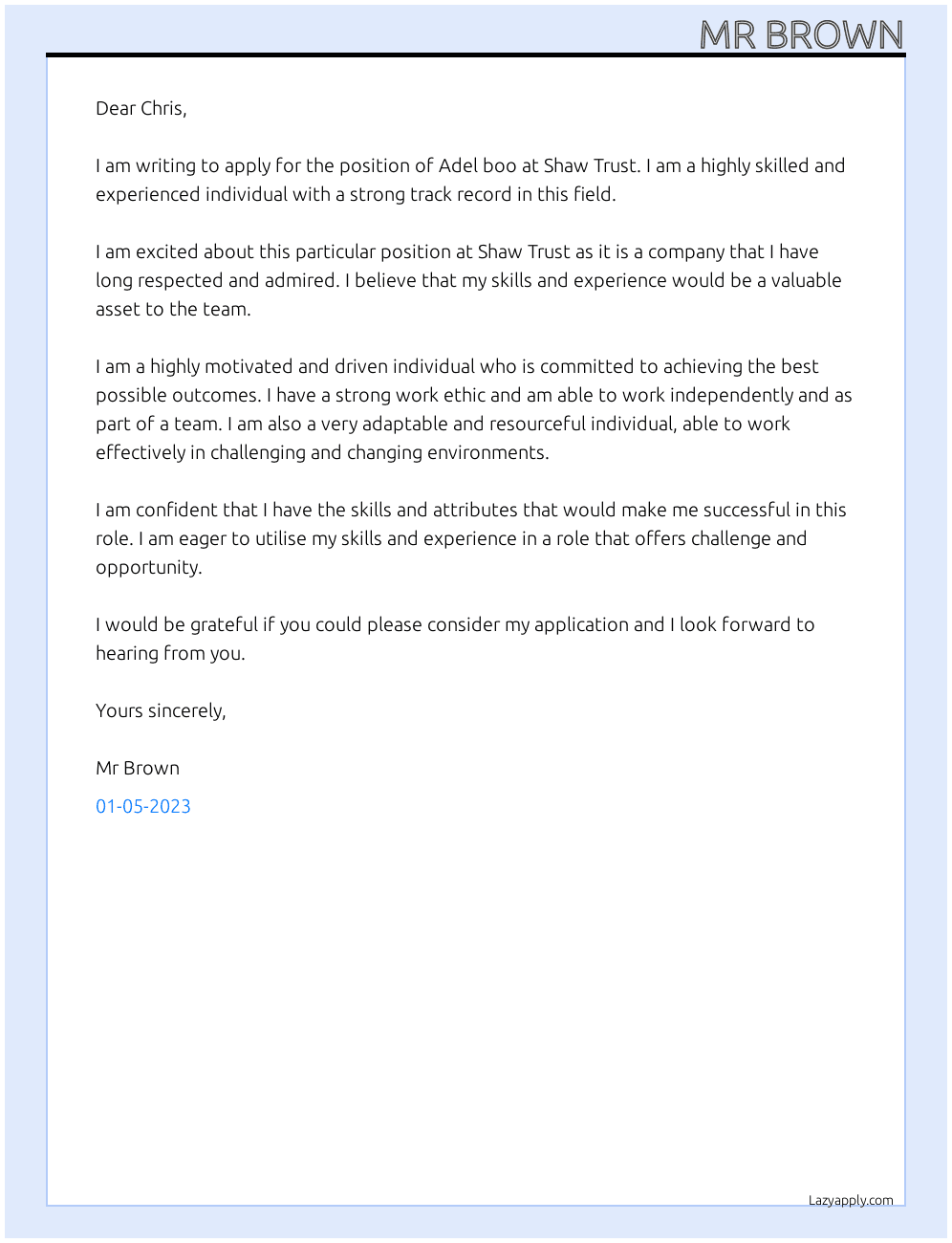 Cover letter for adel boo - LazyApply