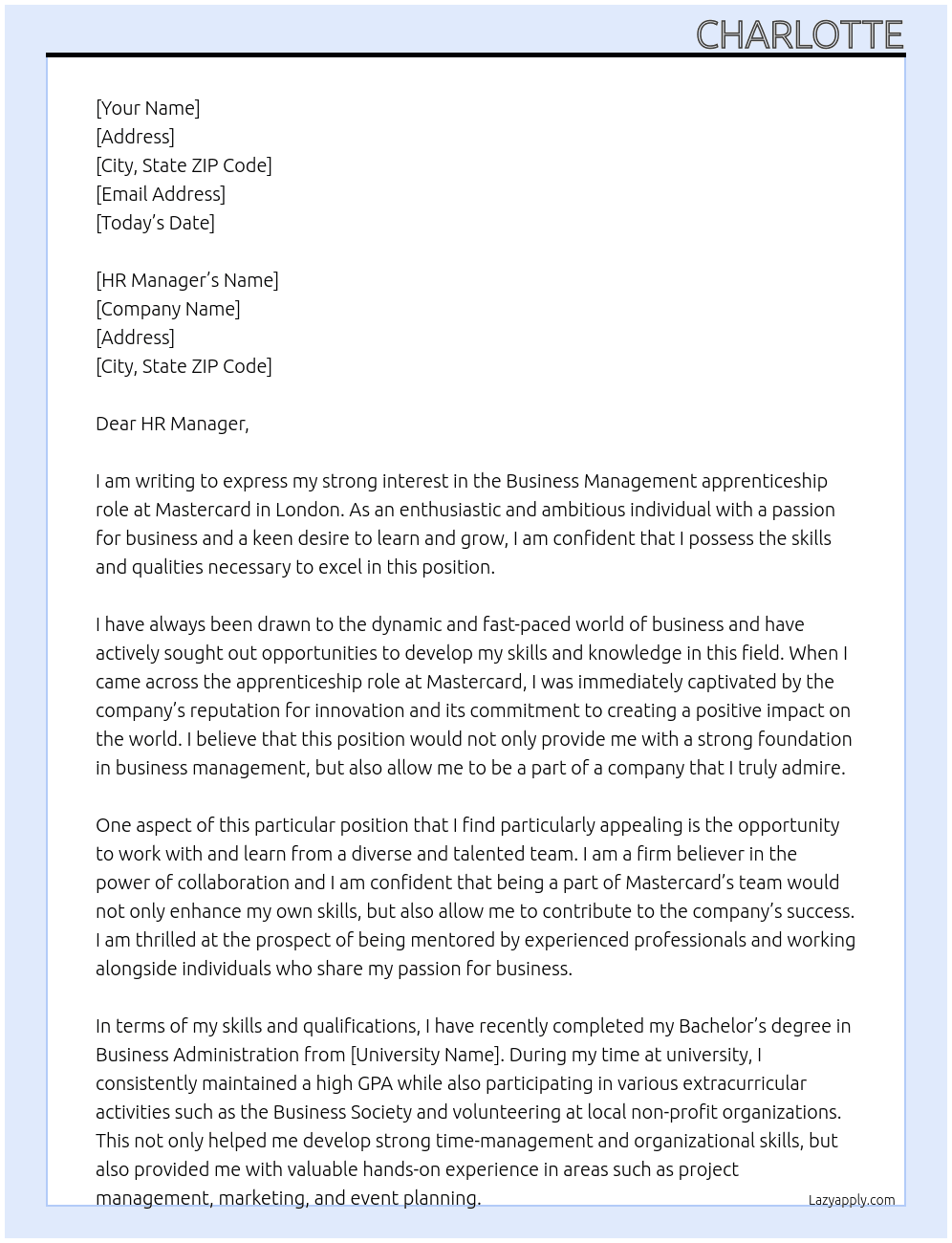 Business Management At Mastercard Cover Letter