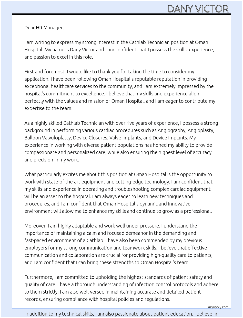 Cathlab technician At Oman Hospital Cover Letter