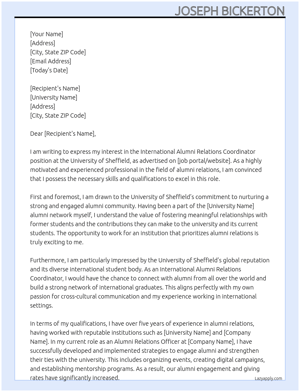 International Alumni Relations Coordinator At University of Sheffeld Cover Letter