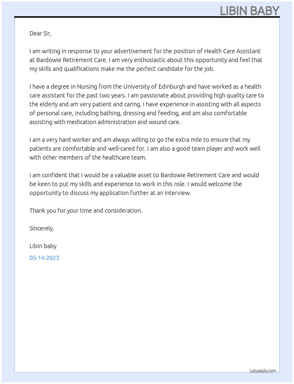 HEALTH CARE ASSISTANT At Bardowie Retirement Care Cover Letter