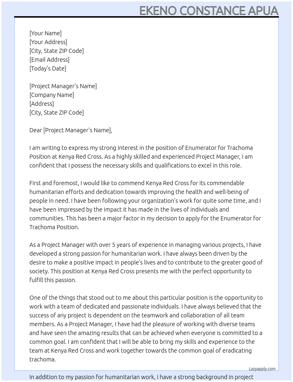 ENUMERATOR FOR TRACHOMA POSITION At KENYA RED CROSS  Cover Letter