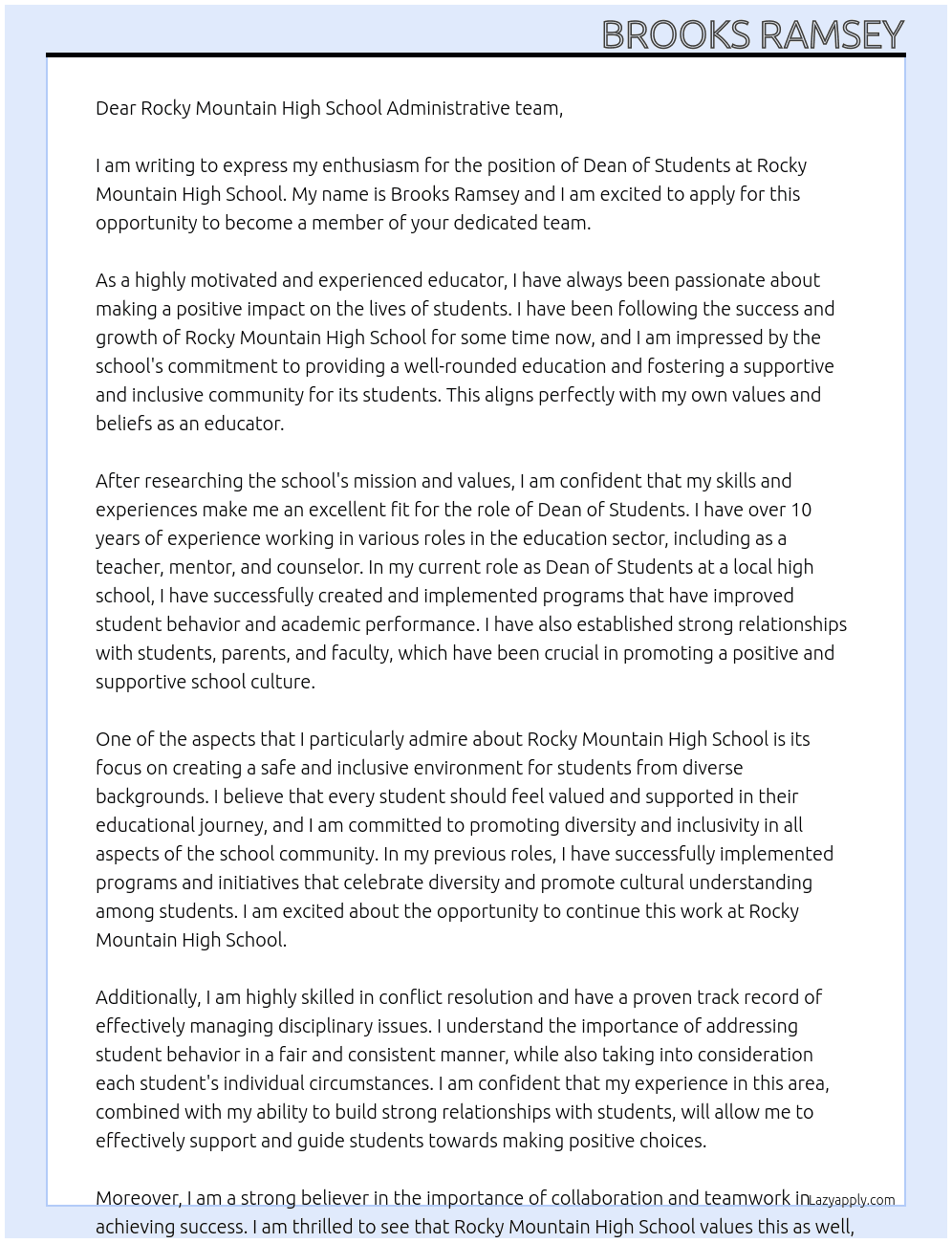 Dean of Students At Rocky Mountain High School Cover Letter