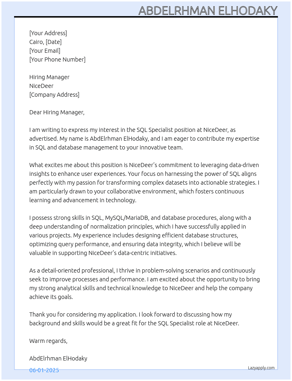 Cover letter for sql specialist - LazyApply