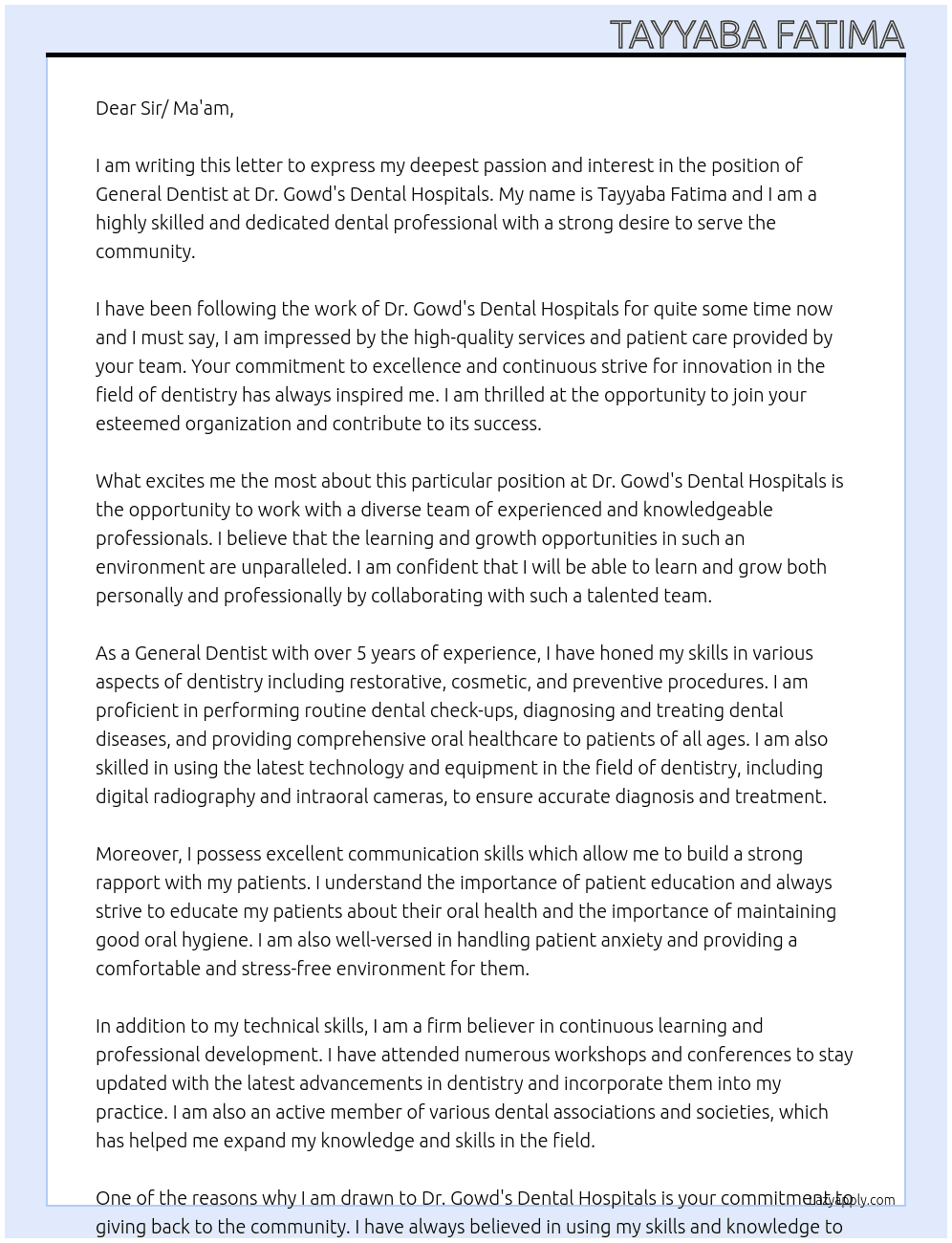 General Dentist  At Dr. Gowd's Dental Hospitals Cover Letter